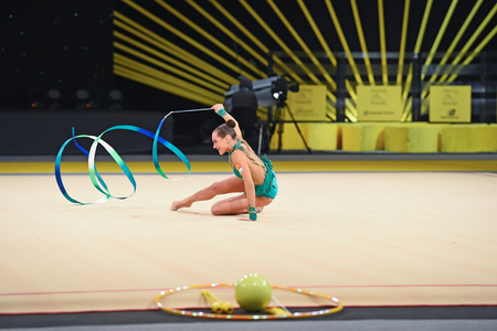 Kyiv, Ukraine- March 17, 2017: gymnast perform at rhythmic gymnastics competition "Deriugina cup" at Place of sport in Kyiv , Ukraineのeditorial素材