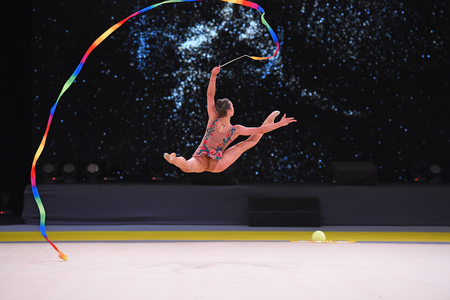 Kyiv, Ukraine- March 17, 2017: gymnast perform at rhythmic gymnastics competition "Deriugina cup" at Place of sport in Kyiv , Ukraineのeditorial素材