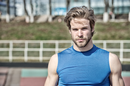 healthy lifestyle and sport fashion. handsome fashionable man model or bearded sexy guy with...