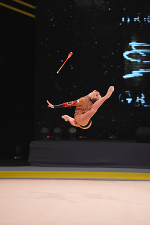 Kyiv, Ukraine- March 17, 2017: gymnast perform at rhythmic gymnastics competition "Deriugina cup" at Place of sport in Kyiv , Ukraineのeditorial素材