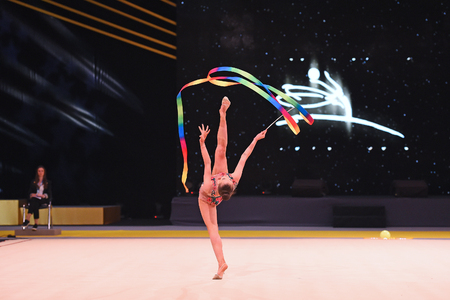 Kyiv, Ukraine- March 17, 2017: gymnast perform at rhythmic gymnastics competition "Deriugina cup" at Place of sport in Kyiv , Ukraineのeditorial素材