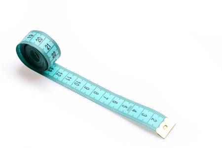 Tape for measuring in cyan color with black numbers on it isolated on white background. Minimalistic...