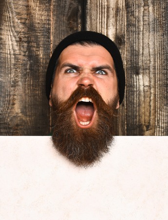 Bearded man, long beard. Brutal caucasian angry shouting unshaven hipster in black hat with white paper sheet on brown wooden vintage studio background, copy spaceの写真素材