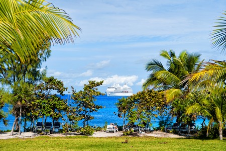 palm trees, green grass, lounge chairs and white cruise ship on beach in turquoise sea or ocean water on sunny day on blue sky background. Summer vacation. Luxury resort. Tropical paradiseの写真素材