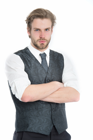 businessman, bearded man or serious gentleman in waistcoat and tie isolated on white background, businessman and student, elegance and fashionの写真素材