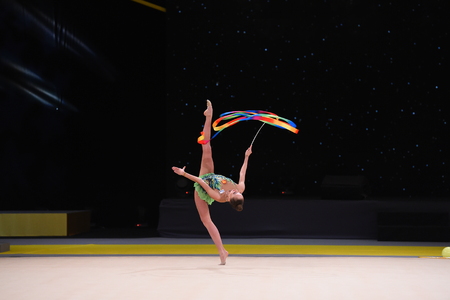 Kyiv, Ukraine- March 17, 2017: gymnast perform at rhythmic gymnastics competition "Deriugina cup" at Place of sport in Kyiv , Ukraineのeditorial素材