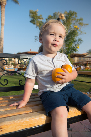 Child or small little boy sitting with two oranges on bench on sunny day in park. Cute kid with blond hair smiling in tshirt and blue shorts outdoors. Happy childhood. Summer vacation. Healthy dietingの写真素材