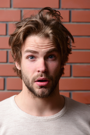 Bearded guy with stylish hair and surprised face expression on red brick wall background, defocused. Concept of late awakening and bachelors lifestyleの写真素材