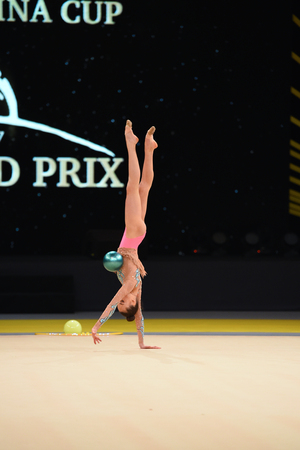 Kyiv, Ukraine- March 17, 2017: gymnast perform at rhythmic gymnastics competition "Deriugina cup" at Place of sport in Kyiv , Ukraineのeditorial素材