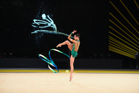 Kyiv, Ukraine- March 17, 2017: gymnast perform at rhythmic gymnastics competition "Deriugina cup" at Place of sport in Kyiv , Ukraineのeditorial素材