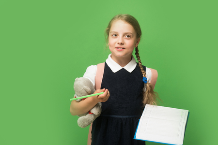 School girl with sly face and braids, isolated on green background with copy space. Pupil with toy holds marker and book. Back to school and knowledge concept.の写真素材