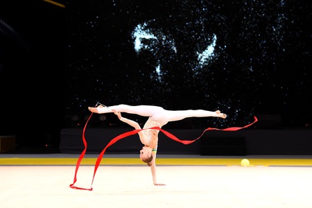 Kyiv, Ukraine- March 17, 2017: gymnast perform at rhythmic gymnastics competition "Deriugina cup" at Place of sport in Kyiv , Ukraineのeditorial素材
