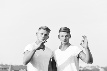 caucasian twins in white shirts showing ok gesture with serious faces on sky backgroundの写真素材