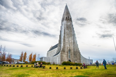 Iceland Hallgrimskirkja Cathedral in Reykjavik, Iceland, lutheran parish church, exterior in a cloudy autumn dayのeditorial素材