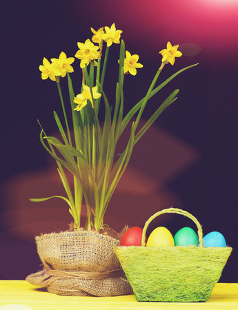 easter egg. funny holiday bunny rabbit and eggs Basket made of green threads and filled with...