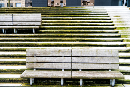 Benches on stone stairs in Hamburg, Germany. Relax, rest, seat, outdoor furniture. Architecture,...