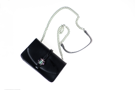 Purse, bag or handbag on white background. Fashionable accessories concept. Purse made out of black leather on white background, isolated. Handbag for women with long chain and decorative beetleの写真素材