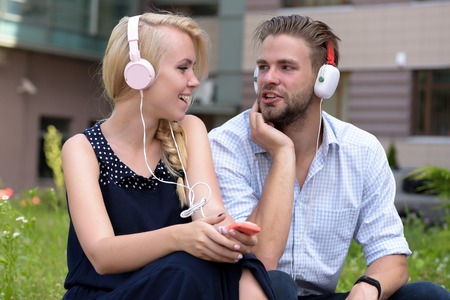 Young couple spend time together with music.の写真素材