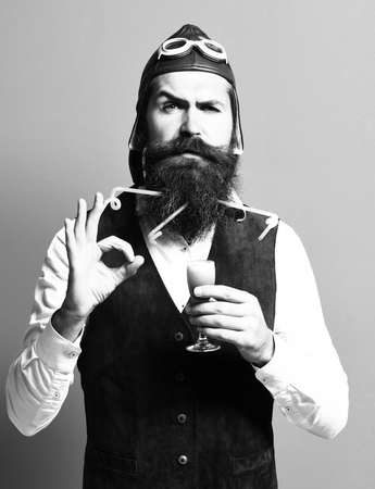 serious handsome bearded pilotの写真素材