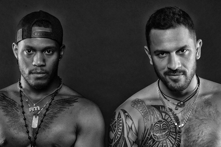 Athletes on confident faces with nude muscular chests and biceps. Guys sportsmen with sexy muscular...