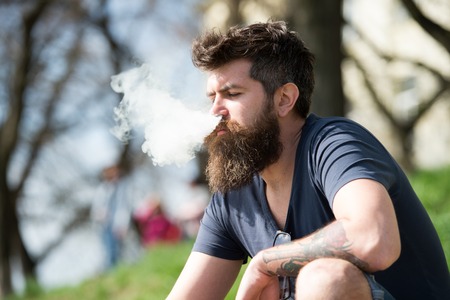 Relaxation concept. Man with long beard and clouds of smoke looks relaxed. Bearded man smokes vape on sunny day. Man with beard and mustache on calm face, branches on background, defocusedの写真素材
