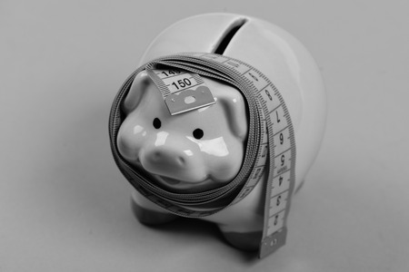Money saving. Budget and squeezed savings concept. Ceramic toy pigの写真素材