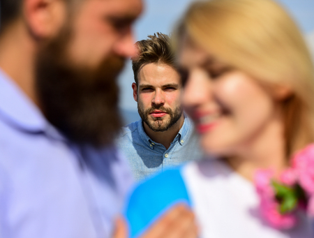 Broken heart concept. Couple romantic date lovers flirting. Lovers meeting outdoor flirt romance...