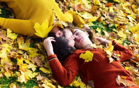 Relationship and fall time concept. Couple in loveの写真素材