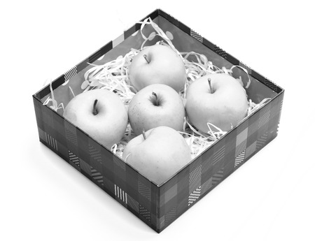 Composition of apples and rustic entourage. Eco style and healthy nutrition concept. Apples in plaid boxの写真素材