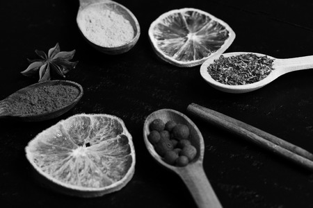 Food art concept. Composition of condiment, close up. Set of spices, grey background.の写真素材