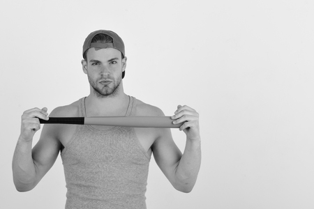 Man in cyan green cap on white backgroundの写真素材