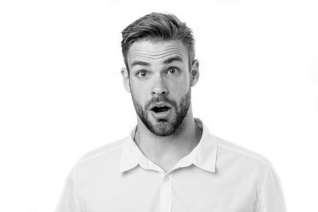 Man with beard on surprised face isolated on white background. It is unbelievable. Handsome man bearded and stylish. Hair and barber salon. Skin care and grooming, black and whiteの写真素材