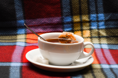 Autumn drink concept. Tea mug with dipped bag of tea on checkered plaid. Process of drink brewing in cup. Mug filled with hot black brewed tea and spoon on colorful cozy plaid backgroundの写真素材