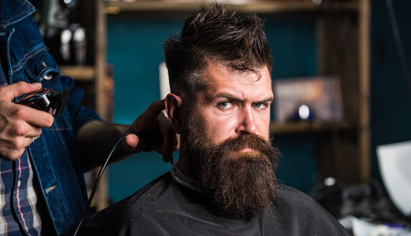 Barbers hand with hair clipper trimming. Stylish haircut concept. Hands of barber with clipper close up. Client with beard on salon background. Hipster bearded client on strict face getting hairstyleの写真素材
