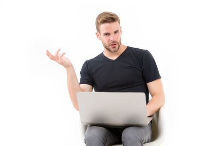 Macho use laptop isolated on white. Man with personal computer in casual wear. Agile business and...