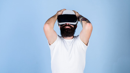 3D design concept. Architect or engineer with virtual reality glasses. Man with beard in VR glasses...