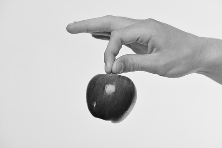 Male hand holds red apple. Apple fruit isolated on light grey background. Apple in bright and juicy color. Food and dieting concept.の写真素材
