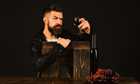 Winetasting and degustation concept. Sommelier leans on wooden chair. Man with beard holds glass of...