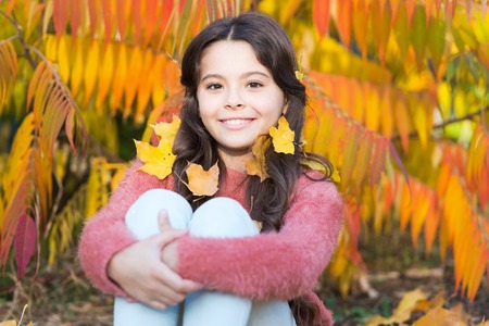 I love changing my hair. Small girl with autumn leaves in hair. Girl child with long brunette hair. Small child relax on autumn day. Transforming your look with new hairstyle.の写真素材