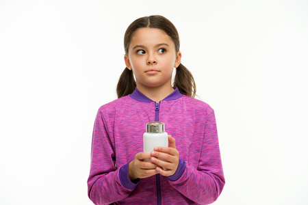 Girl long hair wary hold plastic bottle isolated white.の写真素材