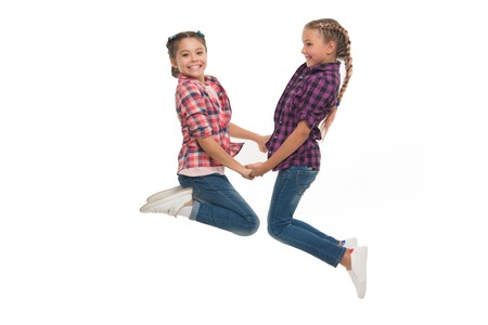 Best friend dressing. Girls friends wear similar outfits have same hairstyle kanekalon braids white