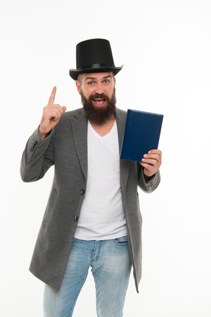 Man bearded guy cheerful face solve problem as magician.の写真素材