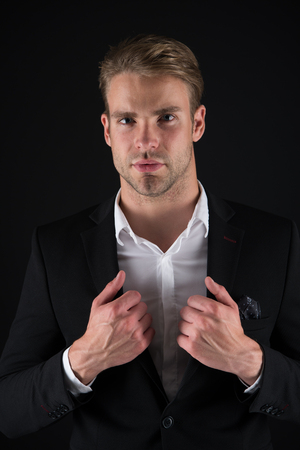 Every detail matters. Man well groomed wear elegant formal outfit. Macho confident prepare perfect outfit. Guy office worker handsome perfect appearance. Formal event. Pick perfect outfit to occasion.の写真素材