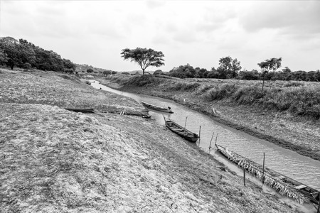 Old wooden boats abandoned on the coastline of dirty river. Moody sky and run-down boat on water near green grass.の写真素材