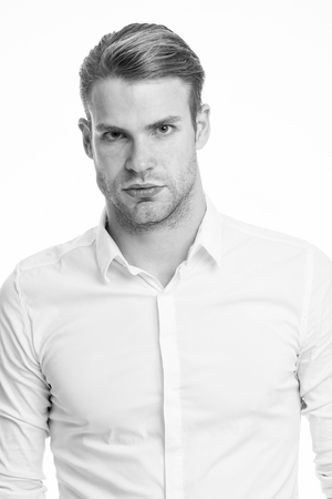 White collar worker. Man well groomed unbuttoned white collar elegant shirt isolated white background. Macho confident ready work office. Guy office worker handsome attractive. Working dress code.の写真素材