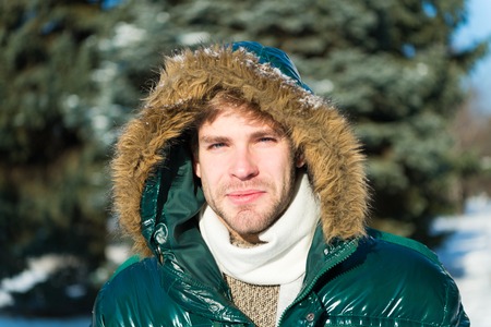 Man. It is cold outside. Forest in snow. Fresh air. Vacation in winter. man on winter holidays....
