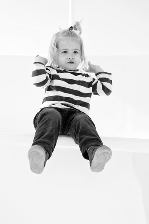 Best cruises for kids. Family vacation cruise ship all inclusive tour. Kid boy toddler travelling sea cruise. Child enjoy vacation on cruise ship. Child striped shirt looks like cute young sailor.の写真素材