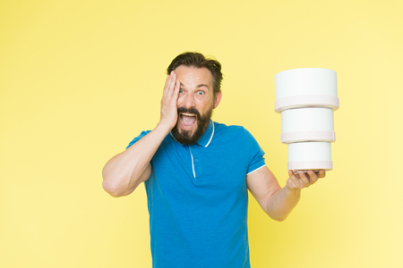 brutal caucasian hipster with moustache. Mature hipster with beard. Bearded man. Male barber care. best present ever. boxing day. a big sale. i am shocked. man with boxes.の写真素材