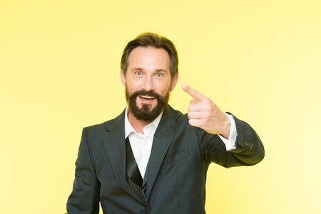 Man speaking to you. Art of negotiations. Man try to persuade you in something. Mature charismatic speaker try to persuade. Can you hear him. Public talk and art of persuasive. Oratory concept.の写真素材