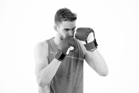 Man boxer training to achieve success in sport. Man training in boxing gloves. Boxing champion. Success attend you. Participating in sport activity.の写真素材